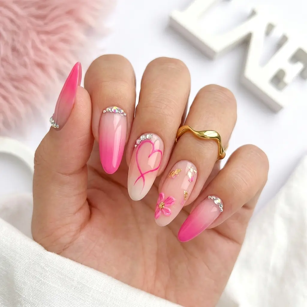 A collage of pink ombre nail ideas featuring almond-shaped nails with floral art, a pink heart outline, gold leaf accents, and sparkling rhinestones.