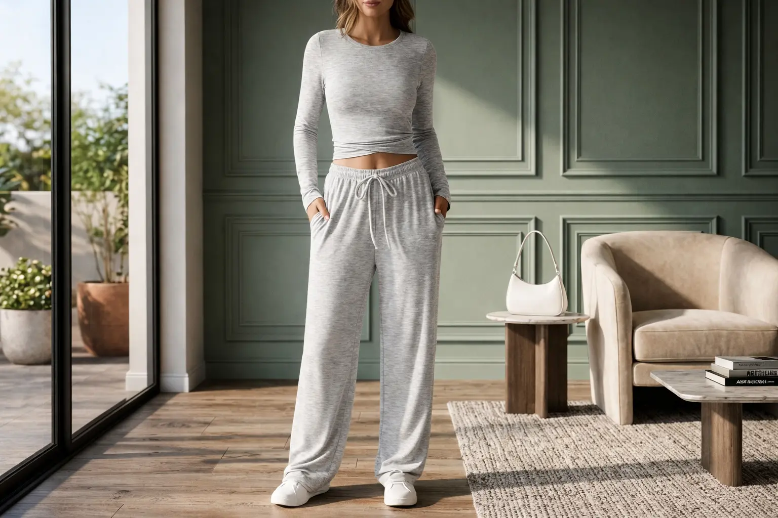 A woman in a modern living room wearing the Trendy Queen Women's 2-Piece Matching Lounge Set, featuring a long-sleeve ruched top and wide-leg drawstring pants with pockets.
