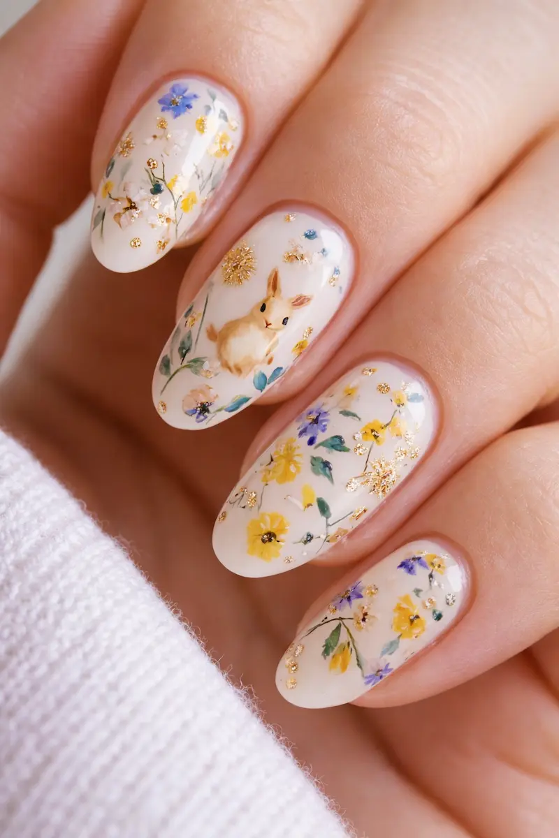 Get the perfect Spring manicure in minutes! These Easter press on nails feature a charming cute rabbit design and delicate spring colored flowers over a sophisticated glossy beige base. Designed in a trendy oval shape, these short acrylic nails are the ultimate easy manicure decor for women and teens. Whether you're looking for Easter basket stuffers or a DIY floral nail aesthetic, these stick on nails offer a professional look without the salon price. Durable, glossy, and festive!