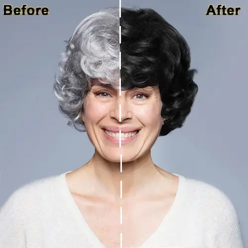 Before and after IIIMEIDU Black hair dye shampoo with herbal ingredients for gray coverage. 3-in-1 formula for women and men, 500ml.