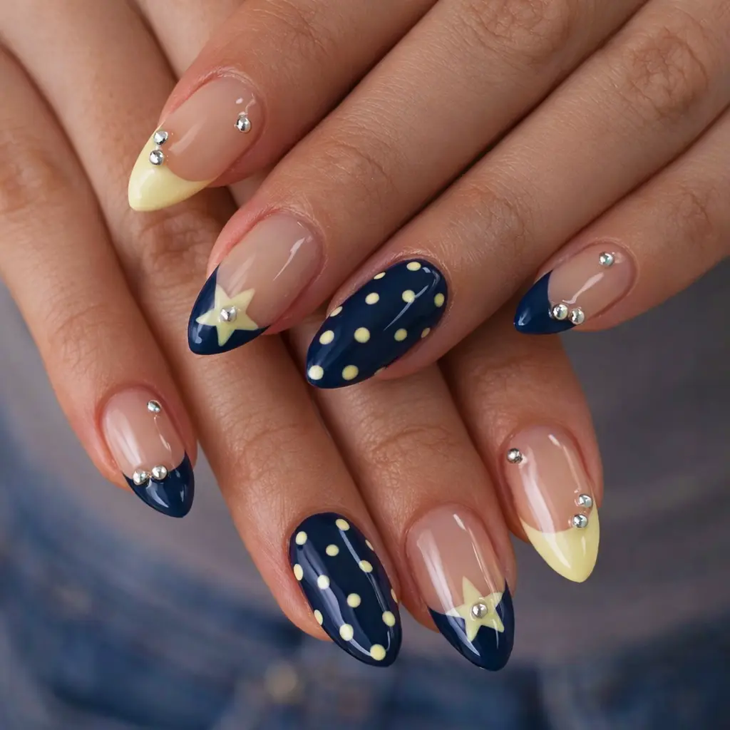 Best press on nails for summer — Polka Dot medium almond fake nails in blue and yellow with dots and stars design, 24-piece full cover stick on nails set for women
