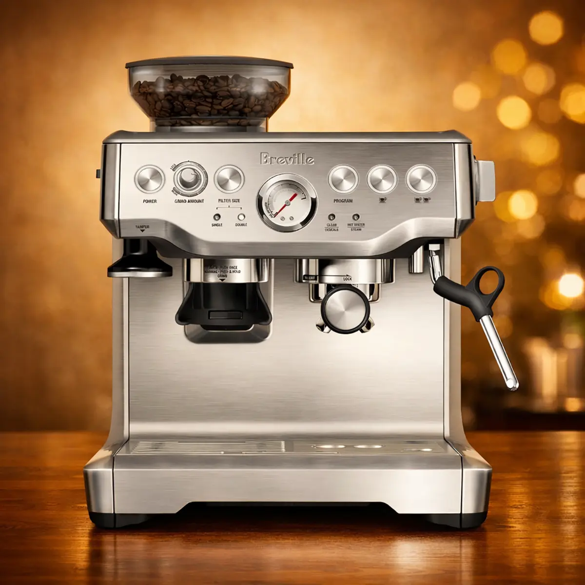 Breville Barista Express BES870XL home espresso machine in brushed stainless steel, featuring a built-in grinder, steam wand, and portafilter on a kitchen countertop.