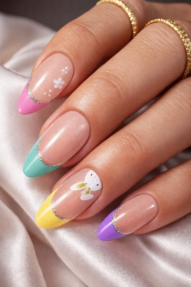 Get ready for spring with these Buleens Gel Easter Press on Nails. These handmade almond-shaped nails feature a stunning pastel French manicure with a colorful twist. Perfect for your Easter outfit, the design includes a cheerful palette of baby pink, mint green, and lilac, accented with a cute bunny silhouette and elegant glitter lines. Whether you're looking for a stylish gift for girls or a high-quality DIY manicure for seasonal activities, these long-lasting salon-quality nails provide an elegant, glossy finish. The kit includes 30 nails in 15 sizes for the perfect fit. Elevate your spring nail art game with these bunny-themed press-ons!