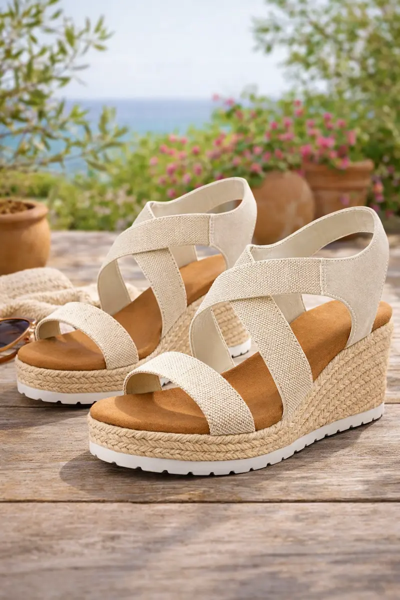 Women's open-toe espadrille wedge sandals with elastic ankle strap, perfect for casual summer outings.