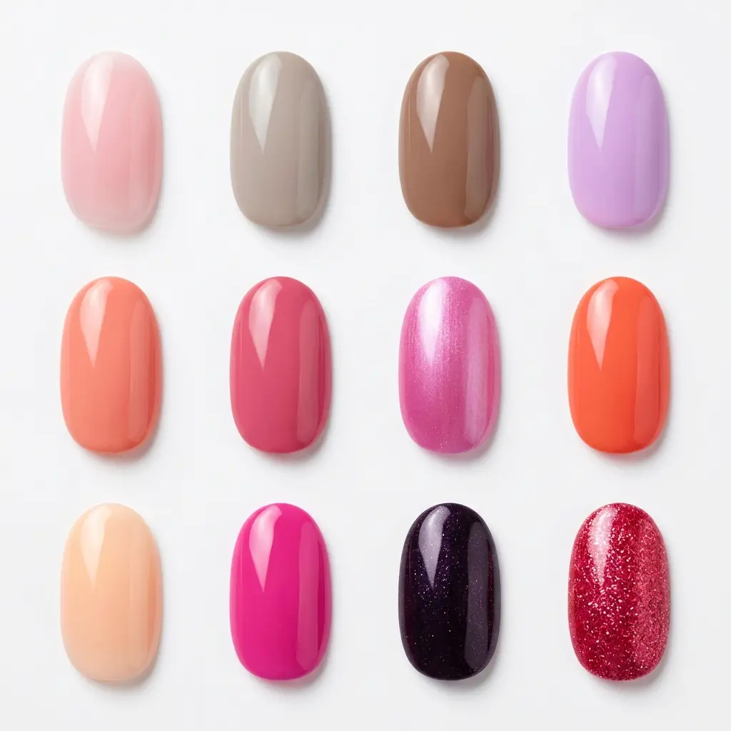 Color palette grid showing all 12 core OPI New OPIcons Spring 2026 shades as oval nail swatches — milky neutrals, warm pinks, corals, fuchsia, lavender, and deep blackberry shimmer