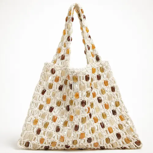 Colorful Boho Crochet Beach Bag with beads, perfect for summer beach outings and travel organization. Lightweight and stylish.