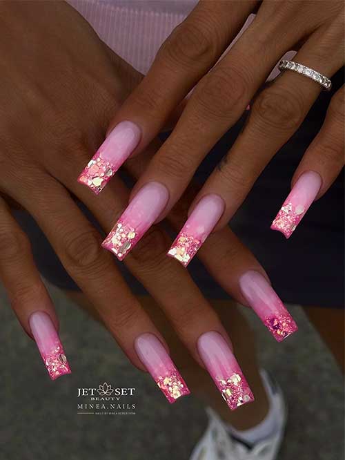Dazzling pink ombre nails with a smooth gradient and chunky gold glitter tips are perfect pink ombre nail ideas.
