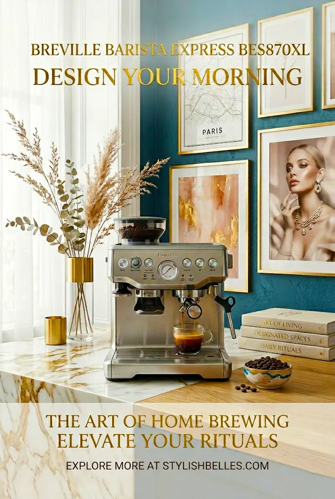 Elegant home coffee station featuring a Breville Barista Express espresso machine next to luxury lifestyle decor and gold accents.