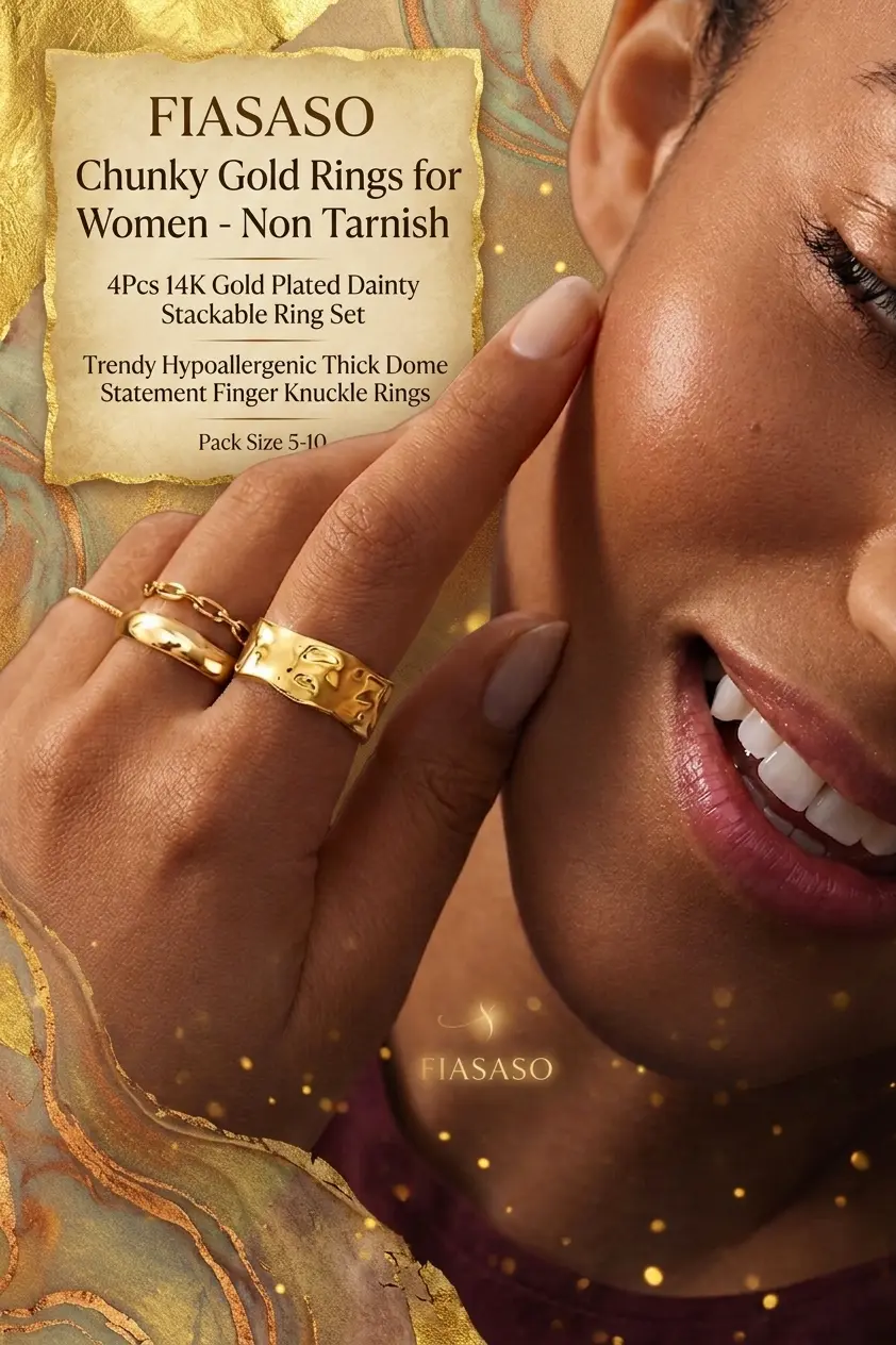 Elevate your everyday style with the FIASASO 4Pcs Gold Ring Set. These chunky gold rings for women are designed with a 14K gold plated finish, ensuring a luxury look that is non-tarnish and hypoallergenic.