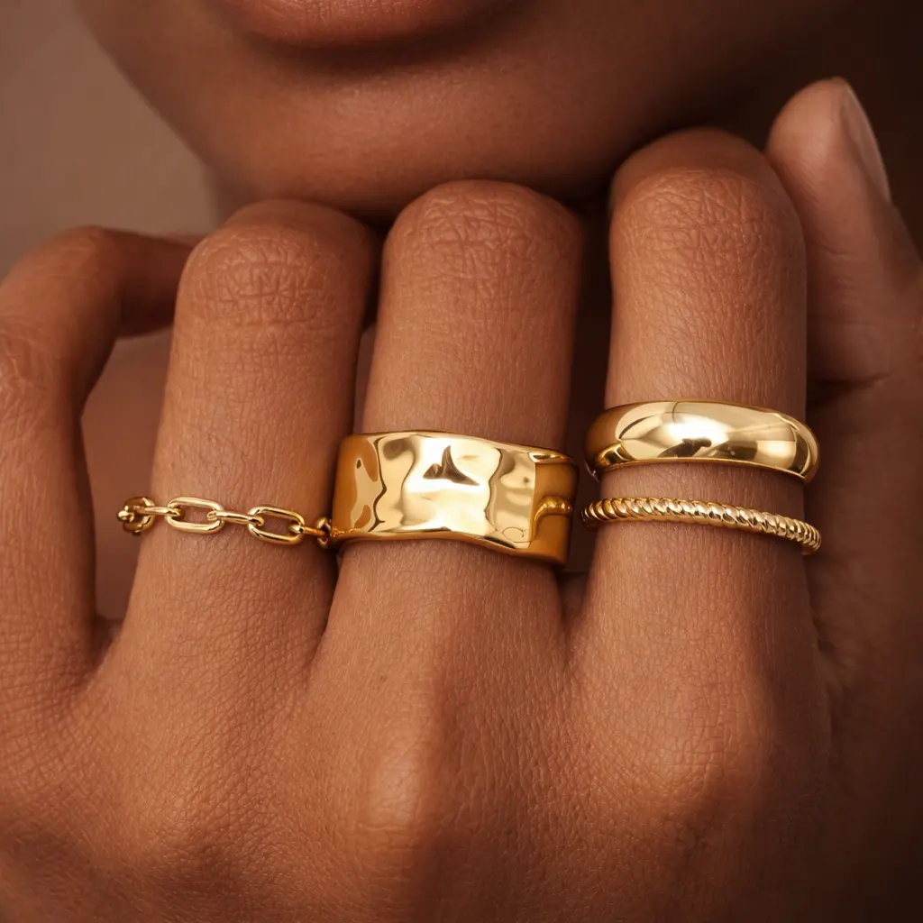 FIASASO chunky gold rings for women displayed as a 4-piece 14K gold plated stackable ring set with thick dome design in sizes 5-10