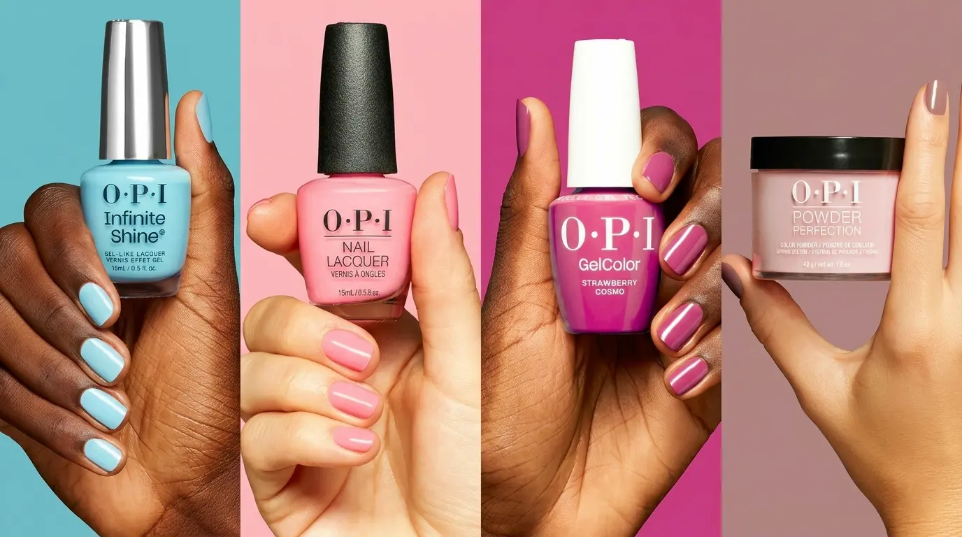 Four hands holding OPI New OPIcons Spring 2026 formula bottles against colorful backgrounds — Infinite Shine in baby blue on deep skin, Nail Lacquer in coral pink on light skin, GelColor Strawberry Cosmo in fuchsia on deep skin, and Powder Perfection in blush pink on medium skin