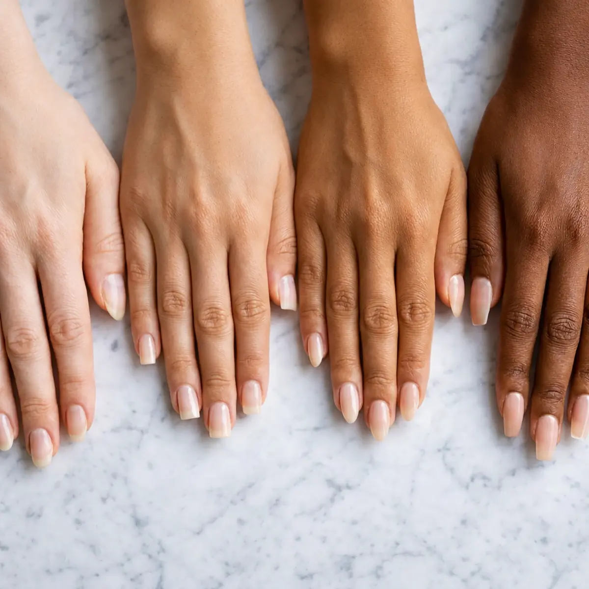 Four hands on a white marble surface showing different nail shapes for hand type — oval, square, almond, and coffin — with bare well-groomed nails and natural skin tones, photographed from directly above in soft studio lighting