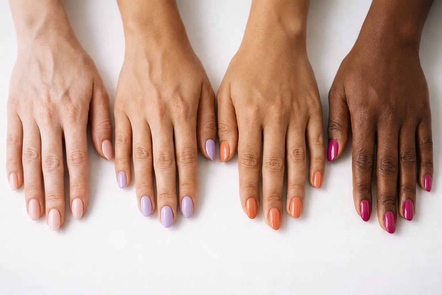 Four hands with different skin tones — fair, light medium, medium olive, and deep brown — each wearing a different OPI New OPIcons Spring 2026 shade, displayed against a soft white background