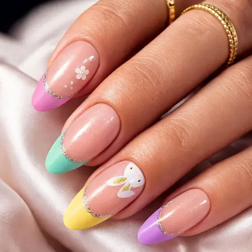 Gel Easter Press on Nails with pastel French tips, featuring bunny silhouettes and glitter in pink, mint, and lilac colors.