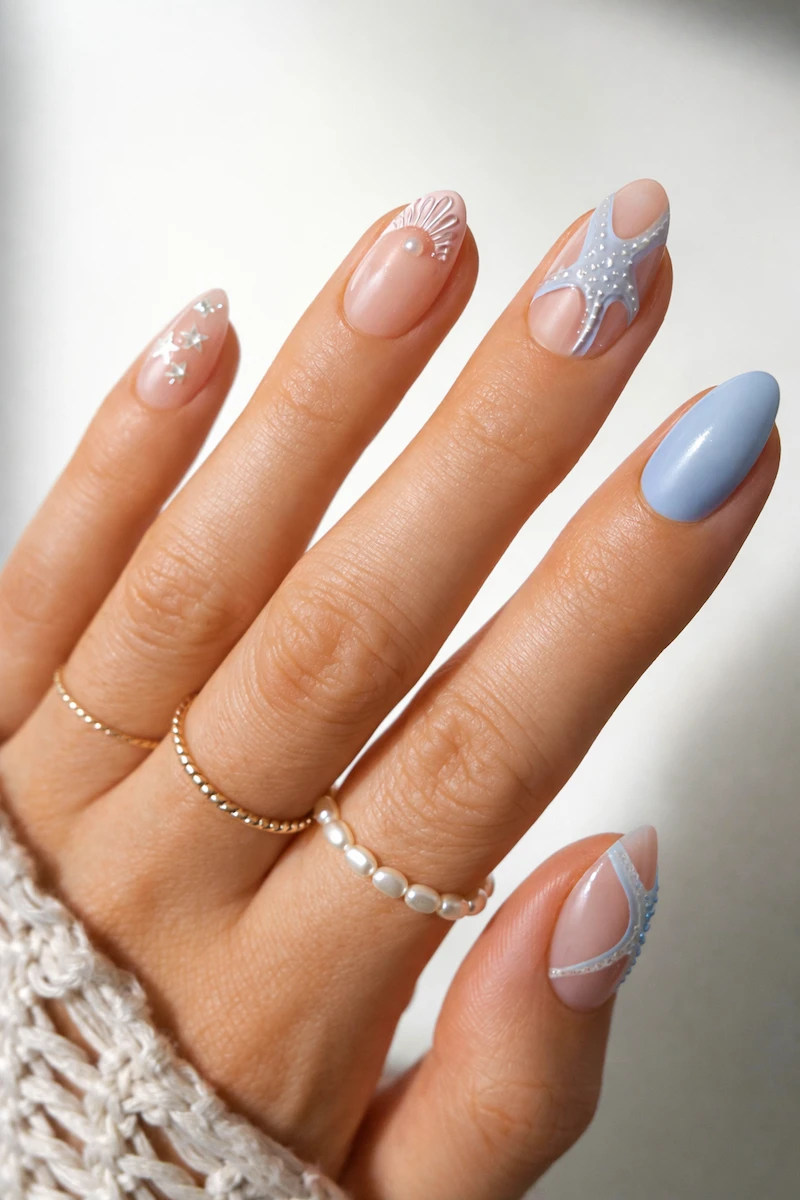 Glamnetic Salty Waves press-on nails in a short almond shape featuring 3D starfish motifs, white seashell patterns with pearls, and a glossy pastel blue accent nail.