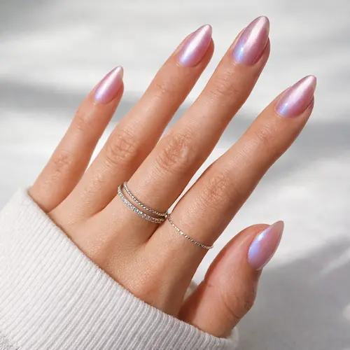 Glamnetic Seaspell Shimmery Press-Ons Short almond pink nails with a velvet finish, salon quality, 30-piece kit with glue included.