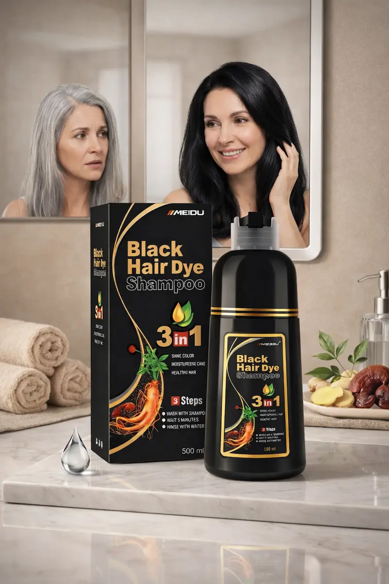 A 500ml bottle of IIIMEIDU Black Hair Dye Shampoo sits on a clean surface. The packaging highlights its 3-in-1 formula and herbal ingredients designed for full grey coverage for both men and women. how to cover gray hair at home easy gray hair coverage hair color for women over 40 hair color for men gray hair natural looking gray coverage gray hair solutions for women best shampoo for gray hair coverage hair dye without chemicals gentle hair color shampoo hair care for gray hair.
