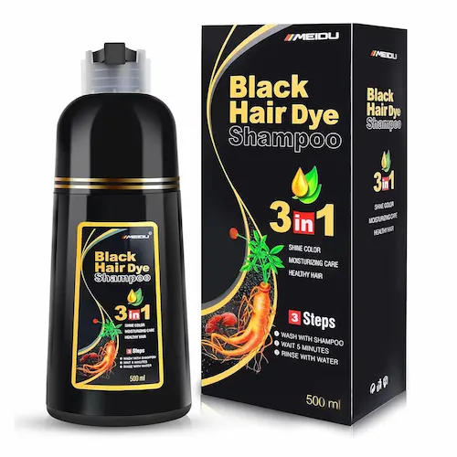 IIIMEIDU Black hair dye shampoo with herbal ingredients for gray coverage. 3-in-1 formula for women and men, 500ml.