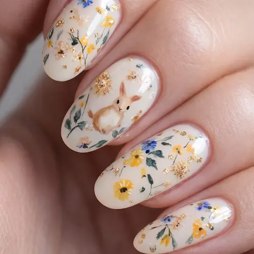 Easter Press on Nails Cute Rabbit Flower Fake Nails Glossy Beige Oval Shape Acrylic Nail Spring Colored Flower Cute Rabbit Design False Nails Easter Short Stick on Nail for Women Manicure Decor