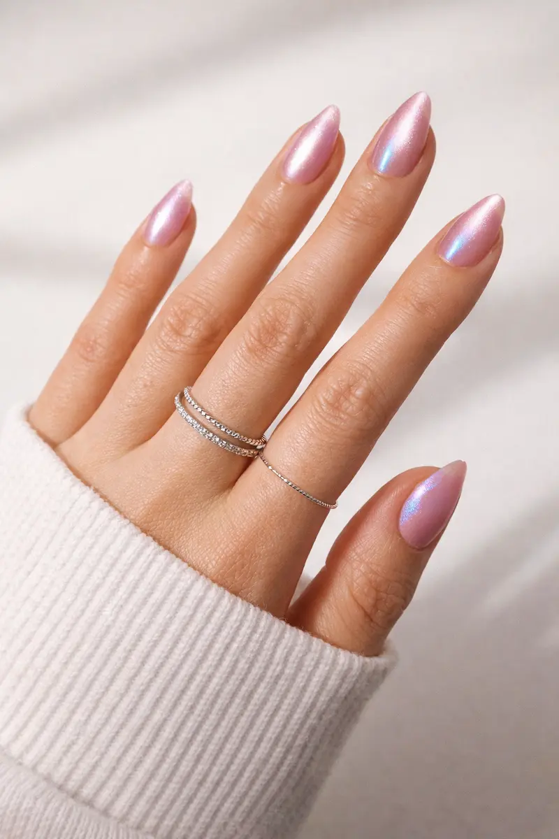 Glamnetic Seaspell Fake Nails: Short almond-shaped pink nails with a velvet finish, 30 nails in 15 sizes, includes glue.