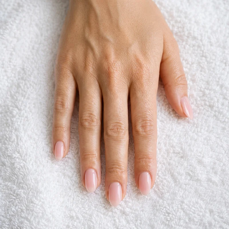 A single hand resting on a white towel showing medium-length oval nails with light sheer pink polish, soft diffused lighting with no harsh shadows and healthy-looking skin