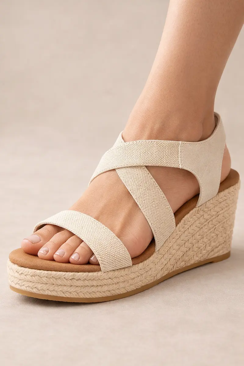 Stylish women's espadrille platform sandals with an open toe and elastic ankle strap, ideal for summer wear.