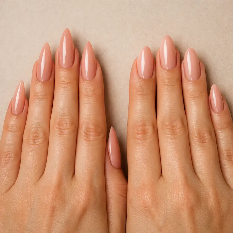 Two hands on a beige background comparing stiletto nails on the left and almond-shaped nails on the right, both with sheer nude polish, showing how nail shape choice affects the overall look of the hand