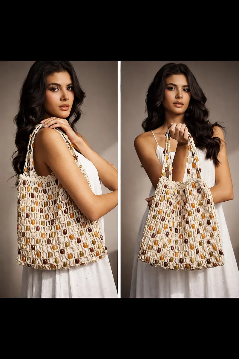 Vibrant crochet shoulder bag for women, featuring colorful beads. Ideal lightweight tote for summer and travel adventures.