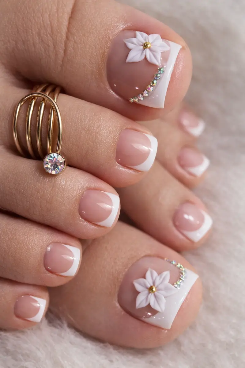 Close-up of stylish white flower press-on toenails with a glossy pink nude base, French tips, and sparkling rhinestone accents.