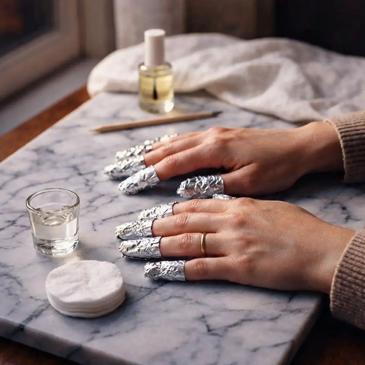 Woman's hands with aluminum foil-wrapped fingertips soaking in acetone on a white marble surface during at-home gel nail removal, with cotton pads and small bowls of acetone arranged neatly beside them