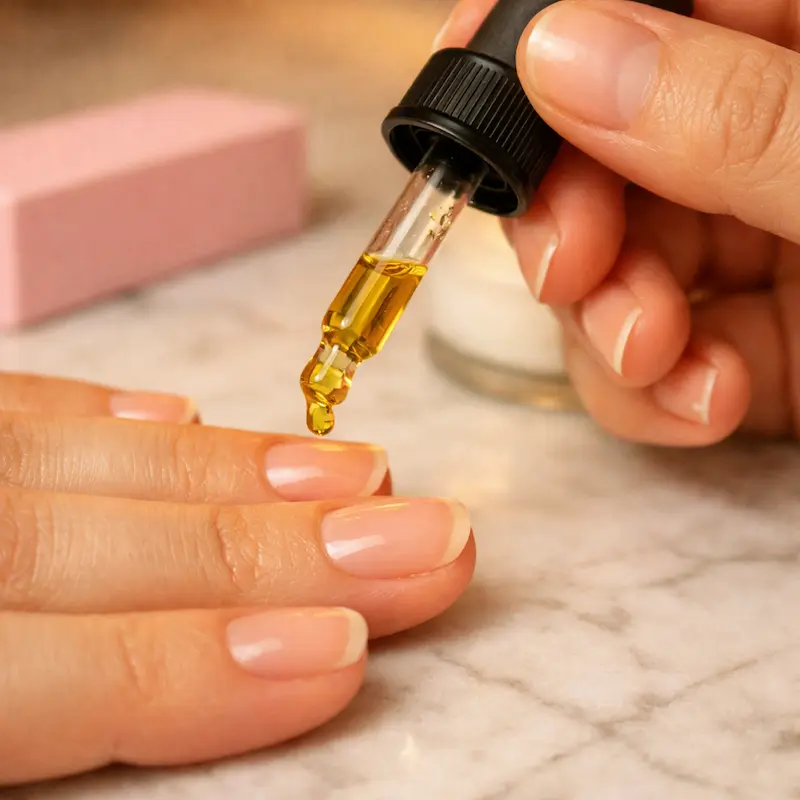 Close-up of a woman applying cuticle oil from a glass dropper bottle to bare natural fingernails after gel removal, with a nail buffer and hand cream blurred in the background on a marble surface