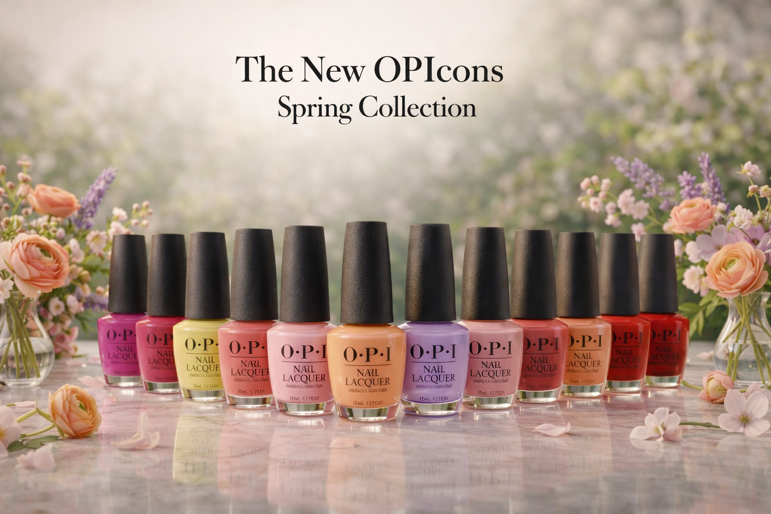 OPI New OPIcons Spring 2026 nail polish bottles on a marble surface!