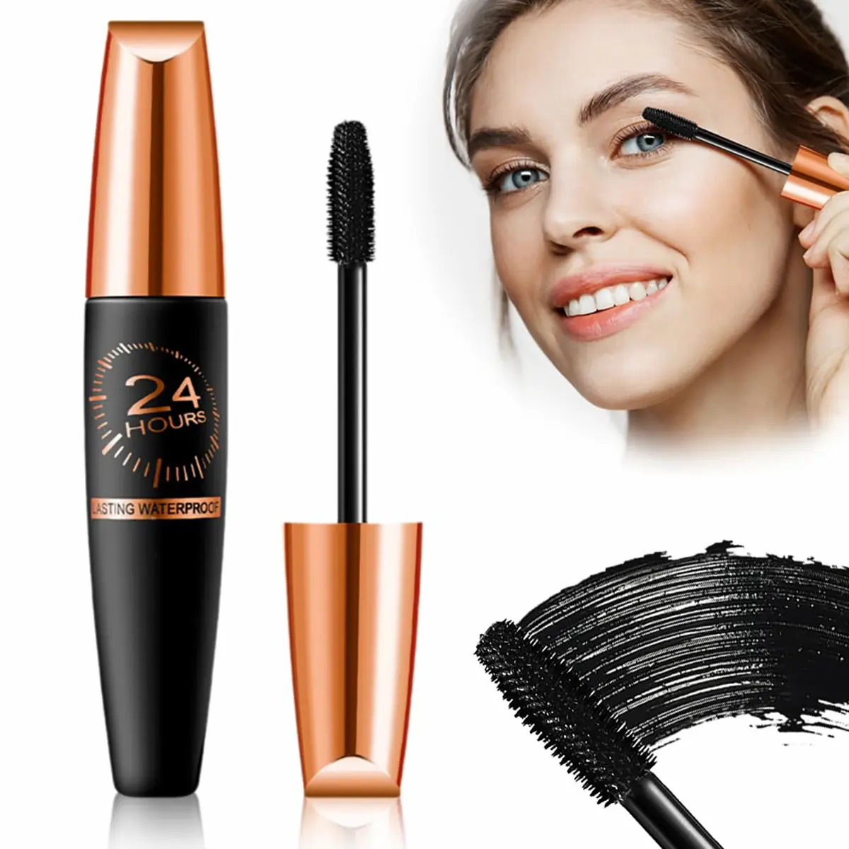 4D Silk Fiber Waterproof Mascara with iron curling brush for long-lasting lifted and lengthened lashes with no flaking