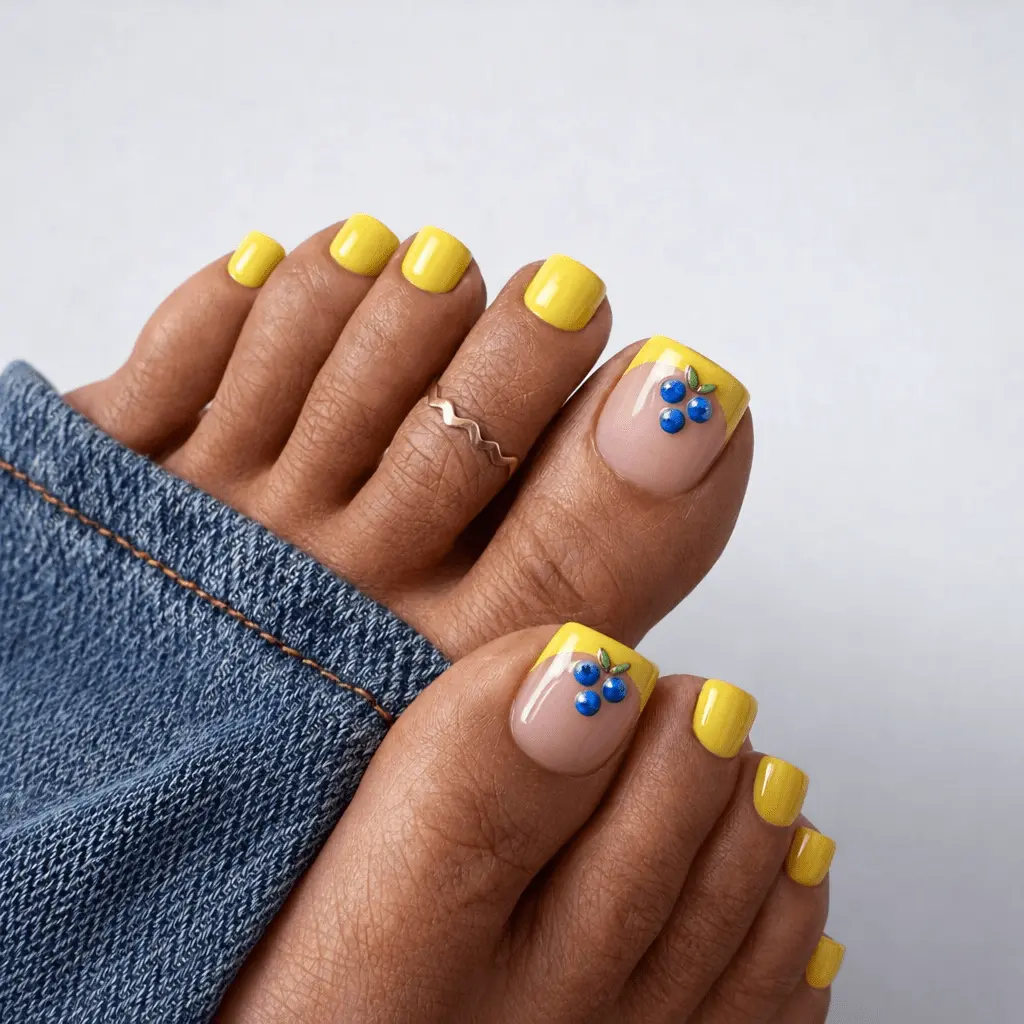 BTArtbox press on toenails short in Blueberry Rain – 3D yellow French tip square toe nails