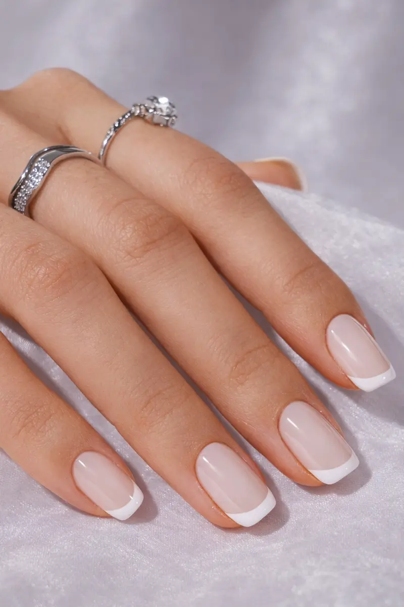 BTArtbox white French tip press-on nails displayed on a hand with clean minimal styling, showing natural-looking salon manicure results at home