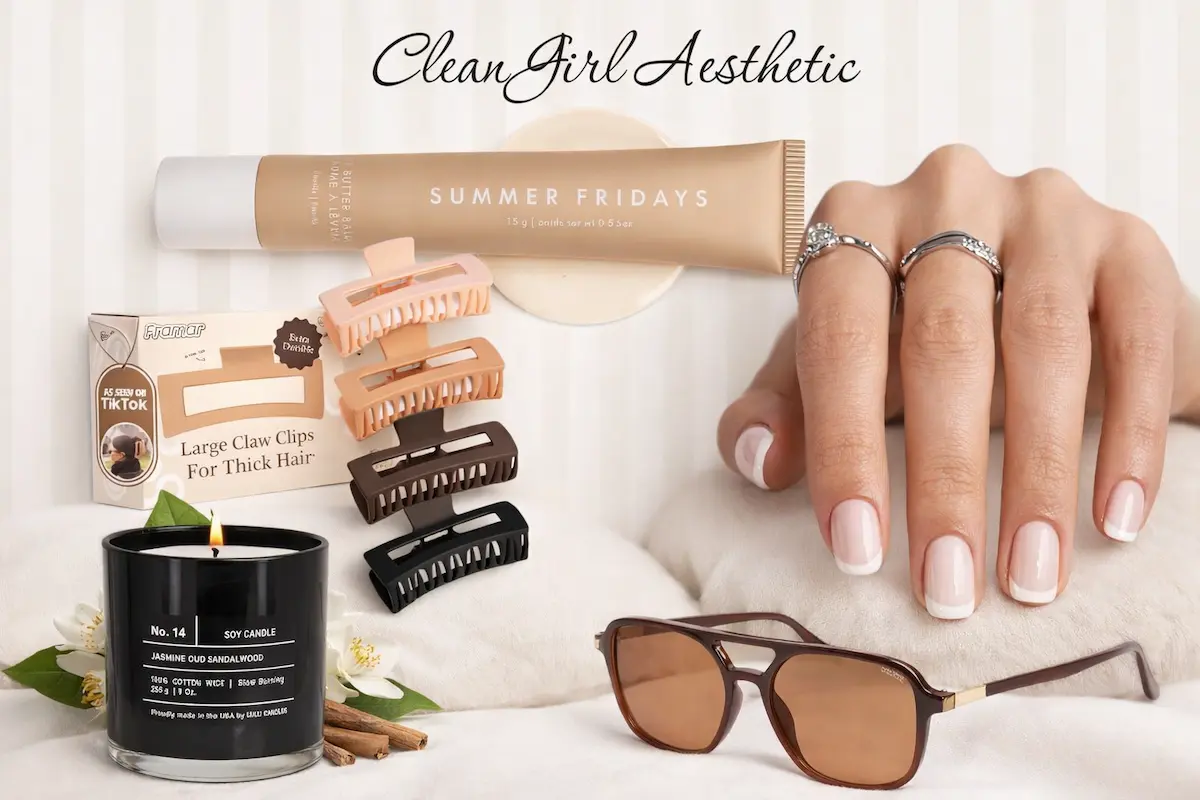 Clean girl aesthetic flat lay featuring Summer Fridays lip balm, French tip press-on nails, claw clips, retro aviator sunglasses, and a soy candle on a neutral background