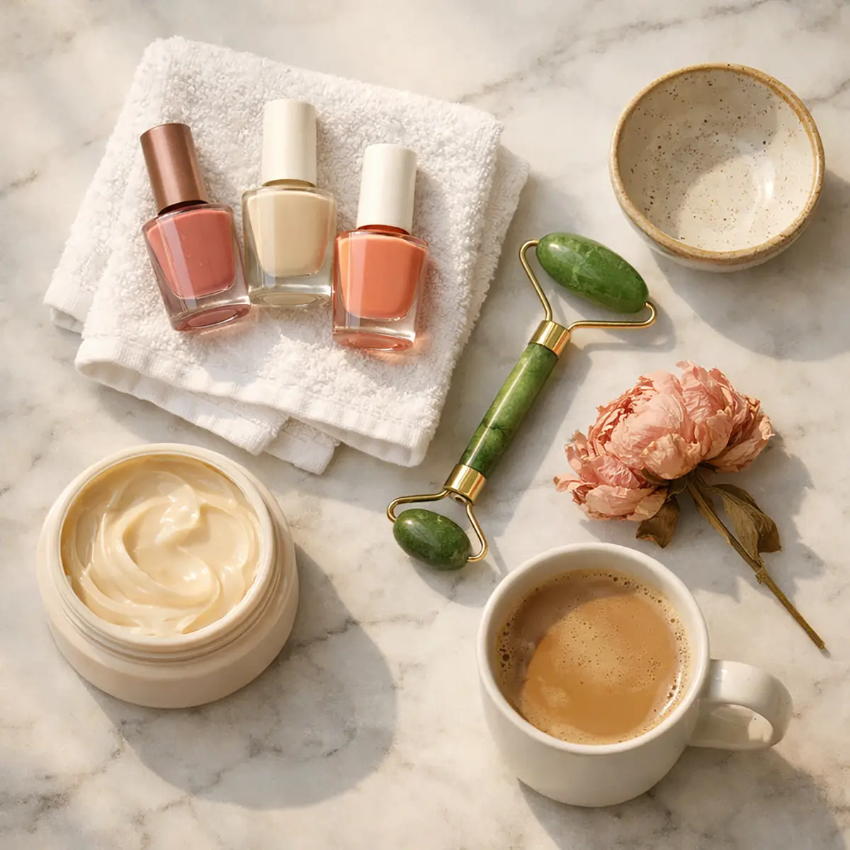 A cozy self-care Sunday routine flat lay featuring nail polish bottles, a jade roller, a hair mask jar, a face sheet mask, soft white towels, and dried flowers arranged on a marble surface with warm morning light.