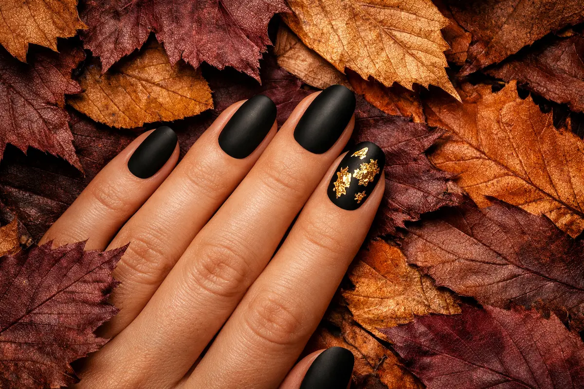 Matte black with gold foil accents — the fall manicure that goes with everything.