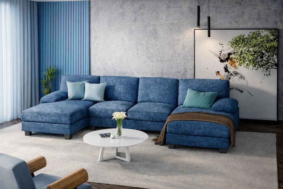 Furniwell U-Shaped Convertible Sectional Sofa with Memory Foam and Double Chaise in blue fabric