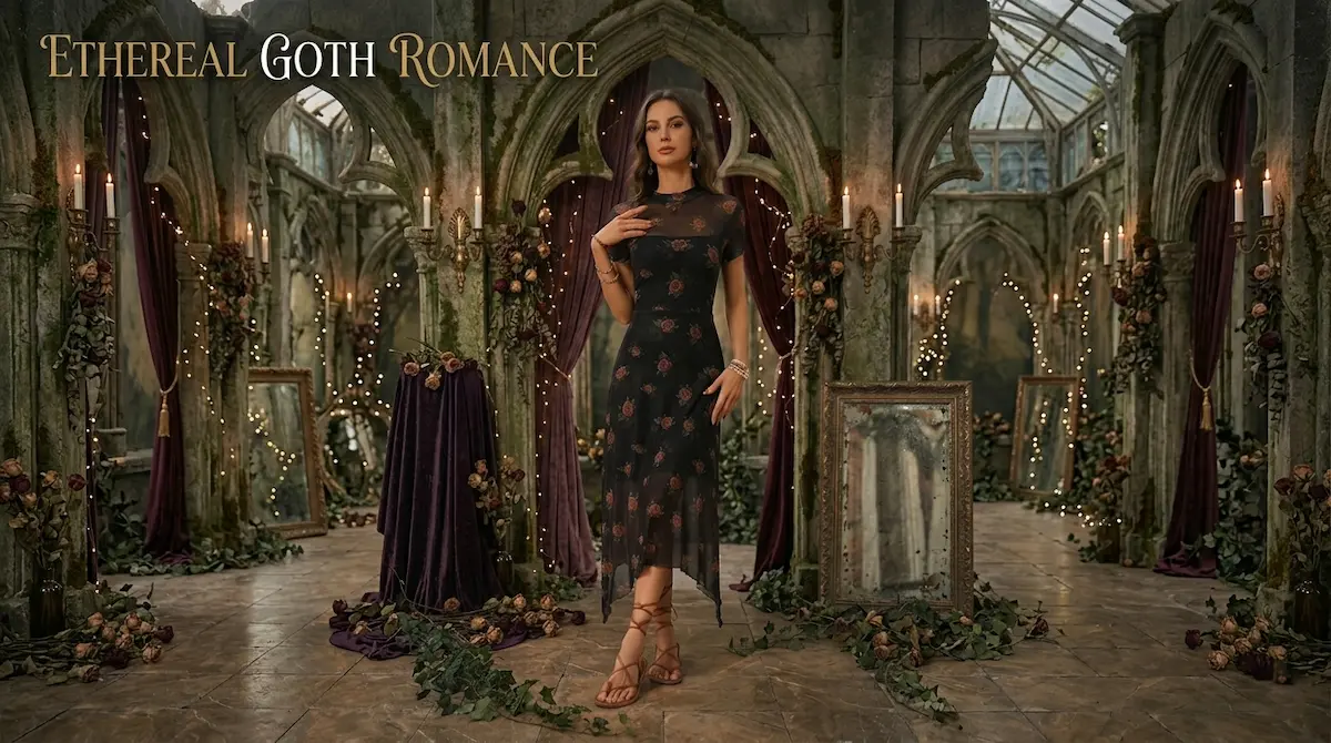 GothDark Womens Floral Mesh Vintage Goth Midi Dress in dark floral print with short sleeves, double-layered mesh spliced fabric, and irregular asymmetric hemline — modeled as a holiday wedding guest outfit