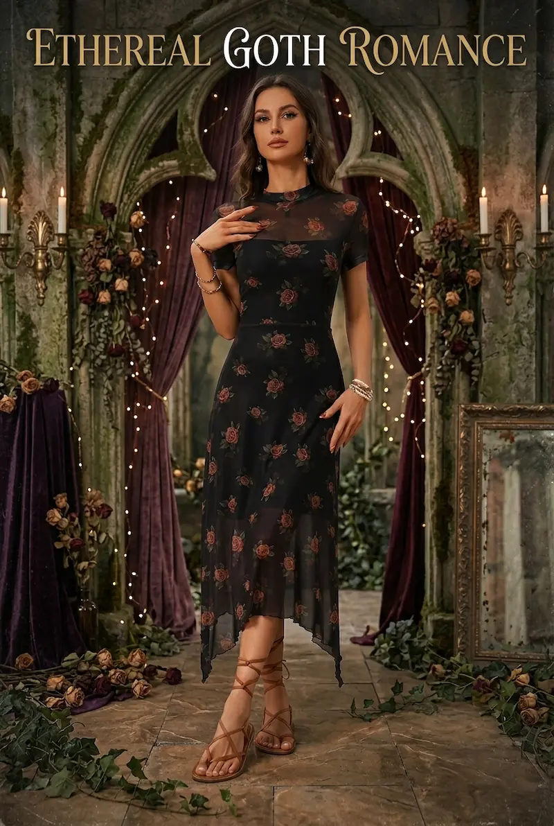 Embrace the dark romance with this stunning Goth Outfit. Featuring a double-layered mesh design, floral print, and a unique irregular hemline, this midi dress is the ultimate choice for a Gothic Aesthetic wedding guest look. Whether you're aiming for a Vintage Goth vibe or a moody evening style, this dress blends grunge and elegance perfectly. GothDark women's vintage goth midi dress with floral print and double-layered mesh spliced irregular hemline, featured in an ethereal gothic romance setting.