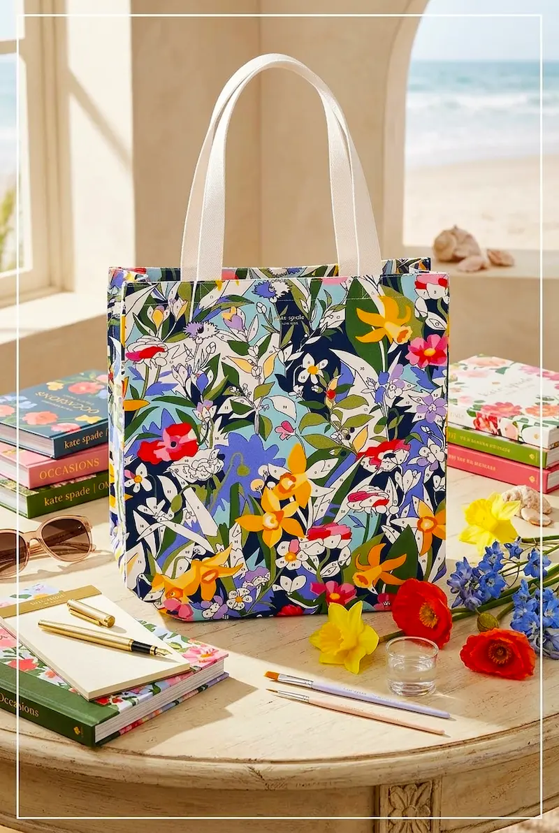 Looking for the perfect aesthetic canvas tote bag? 🌸 This Kate Spade New York floral tote combines chic style with everyday functionality. Whether you need a cute tote bag for work, an organized teacher bag with pockets, a stylish book tote, or a colorful beach bag for summer, this vibrant paint-by-numbers floral design elevates any outfit. Perfect for daily essentials, laptops, and beach days! Click to shop your new favorite luxury aesthetic accessory. ✨ Kate Spade canvas tote bag styled on a table surrounded by books, flowers, and sunglasses with a beach view in the background