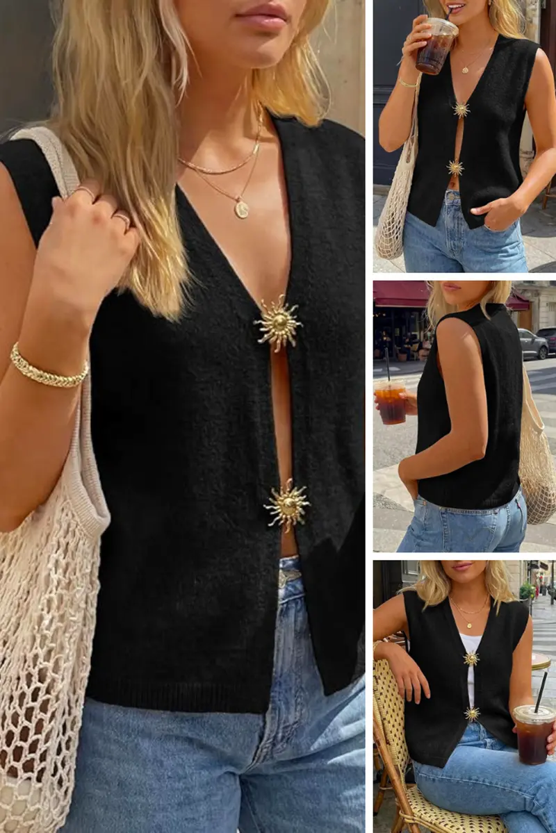 Elevate your everyday "jeans and a nice top" look with the LILLUSORY Women's Knit Vest Cardigan. This versatile V-neck button-down sweater vest brings an effortless, minimalist beauty vibe to your casual summer outfits. Designed with a relaxed, loose fit, it’s the perfect lightweight knit top to pair with light-wash denim for an off-duty model street style. Whether you are grabbing an iced coffee or building your timeless summer capsule wardrobe, this chic sleeveless cardigan is your new staple. Shop this cute spring and summer outfit essential now! LILLUSORY women's knit vest cardigan in black shown from multiple angles — front, back, and seated — highlighting the V-neck button-down design and relaxed fit