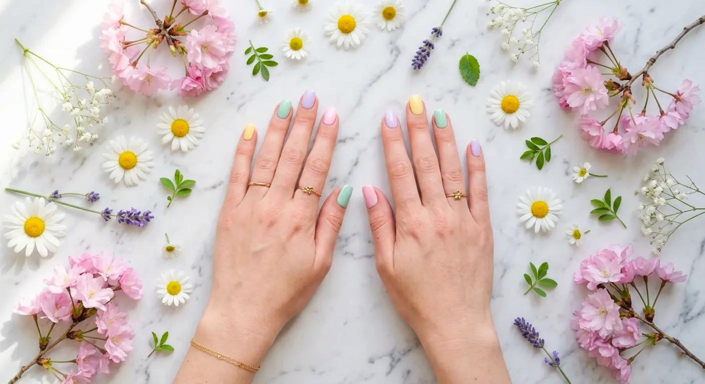 Pastel spring nails in lavender, mint, pink, and yellow with spring flowers on marble background