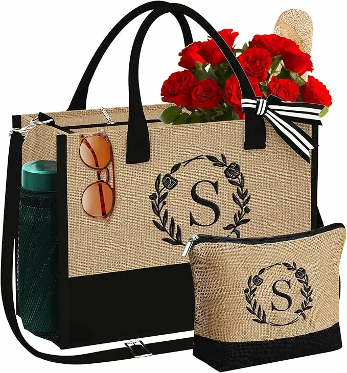 Personalized gifts for women — YOOLIFE initial jute tote bag and makeup bag set