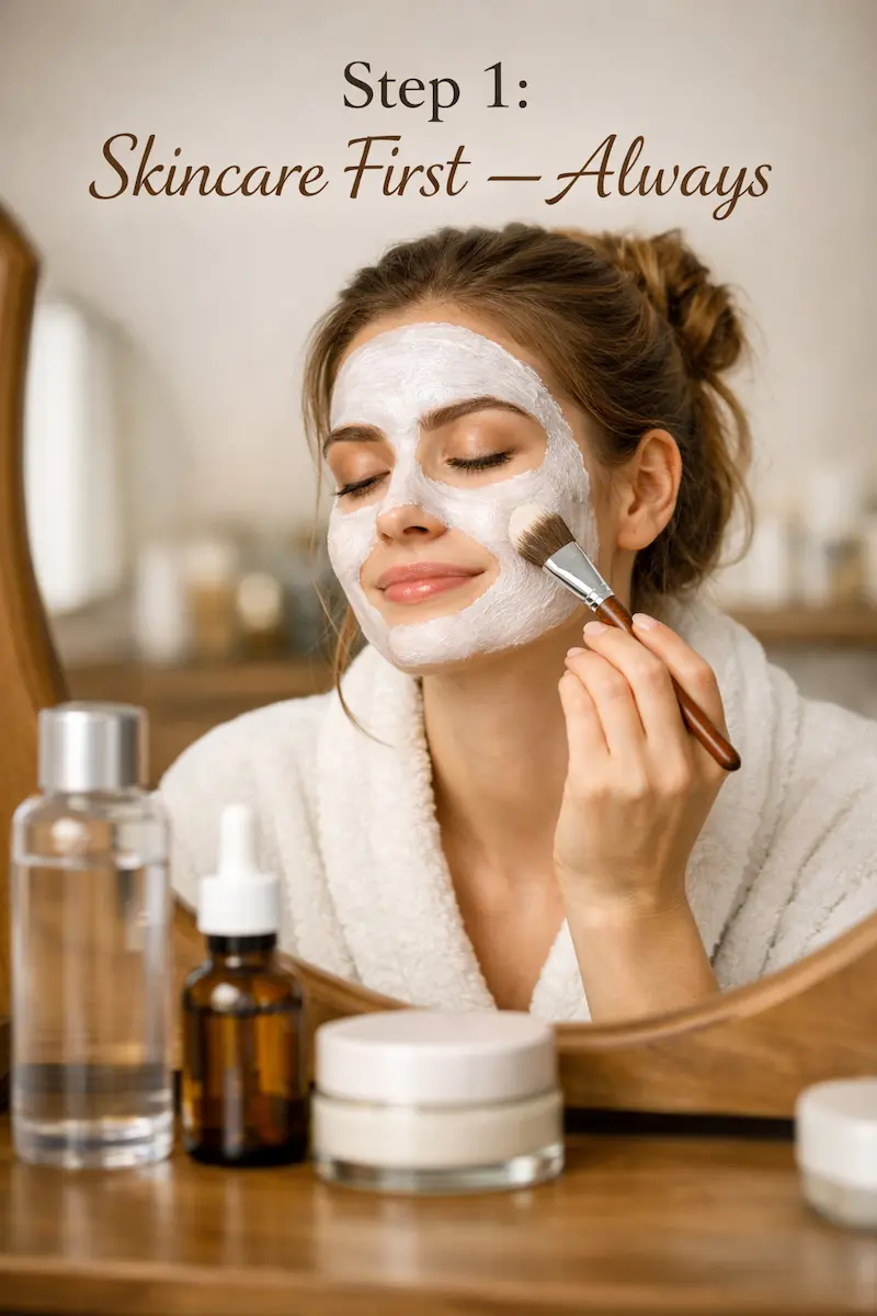 Woman applying a white clay face mask with a brush while sitting in front of a mirror, surrounded by skincare products including a toner, serum, and moisturizer on a wooden vanity