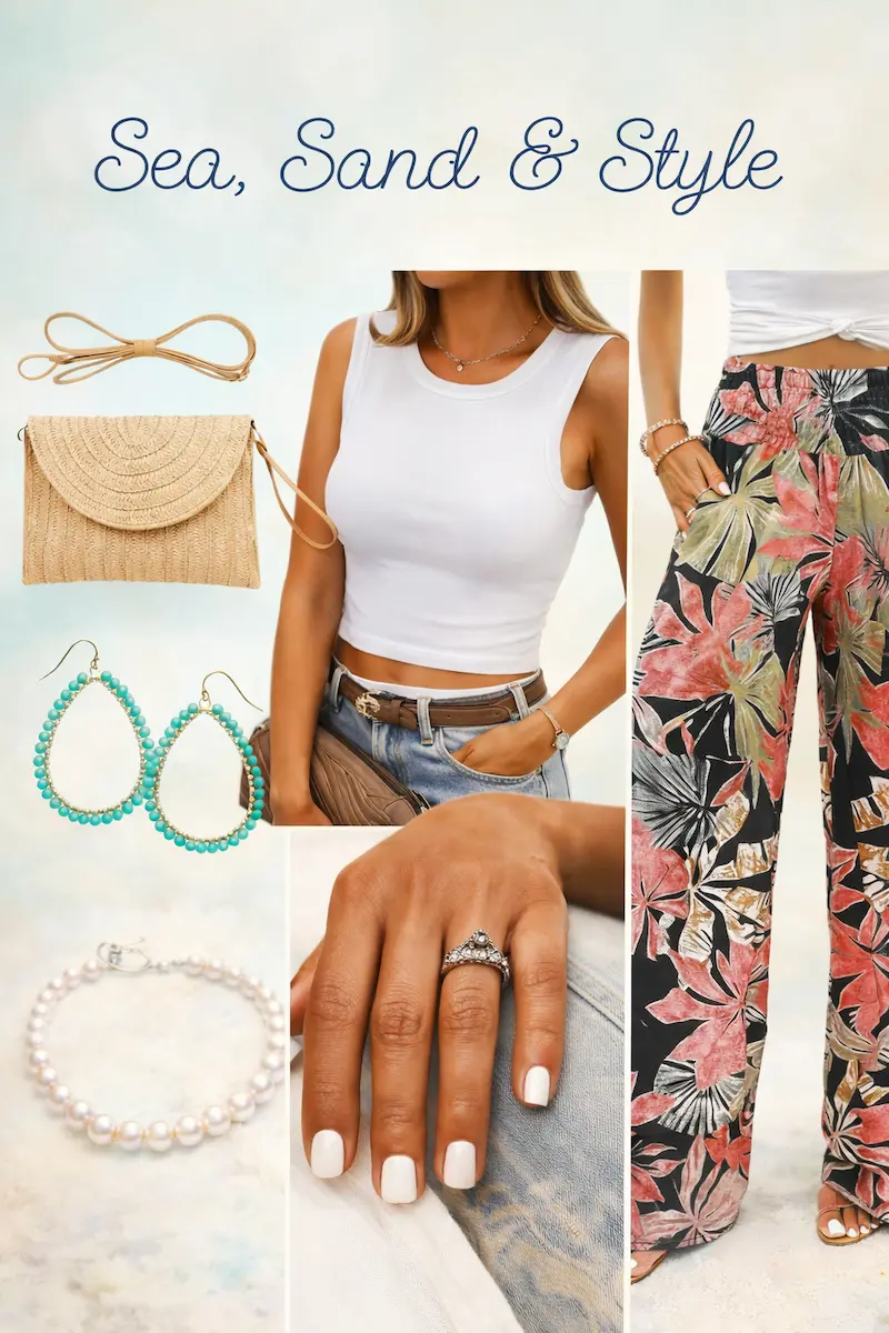 Fashion collage for a "Sea, Sand & Style" summer outfit featuring tropical wide-leg palazzo pants with a pink and green leaf print, a white sleeveless tank top, a straw envelope clutch, turquoise beaded teardrop earrings, a classic pearl necklace, and a close-up of a hand with white manicured nails and a diamond ring set.