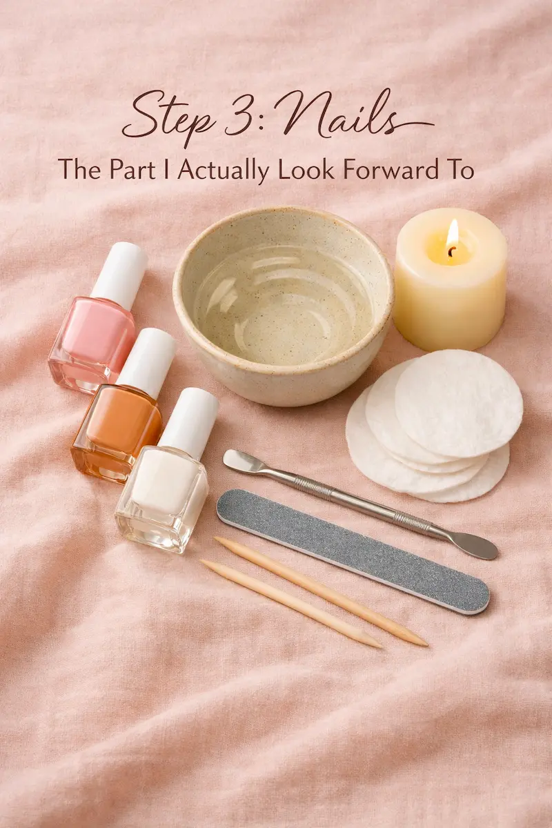 Overhead flat lay of a self-care nail station with pink and nude nail polish bottles, a cuticle pusher, nail file, small bowl of warm water, cotton rounds, and a lit candle on a soft pink background