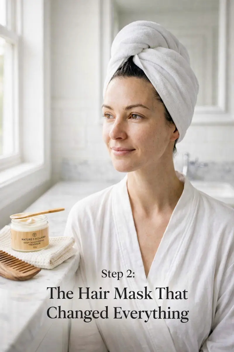 Close-up of a woman with wet hair wrapped in a white towel turban after applying a deep conditioning hair mask, with a glass jar of hair treatment product on the bathroom counter beside her