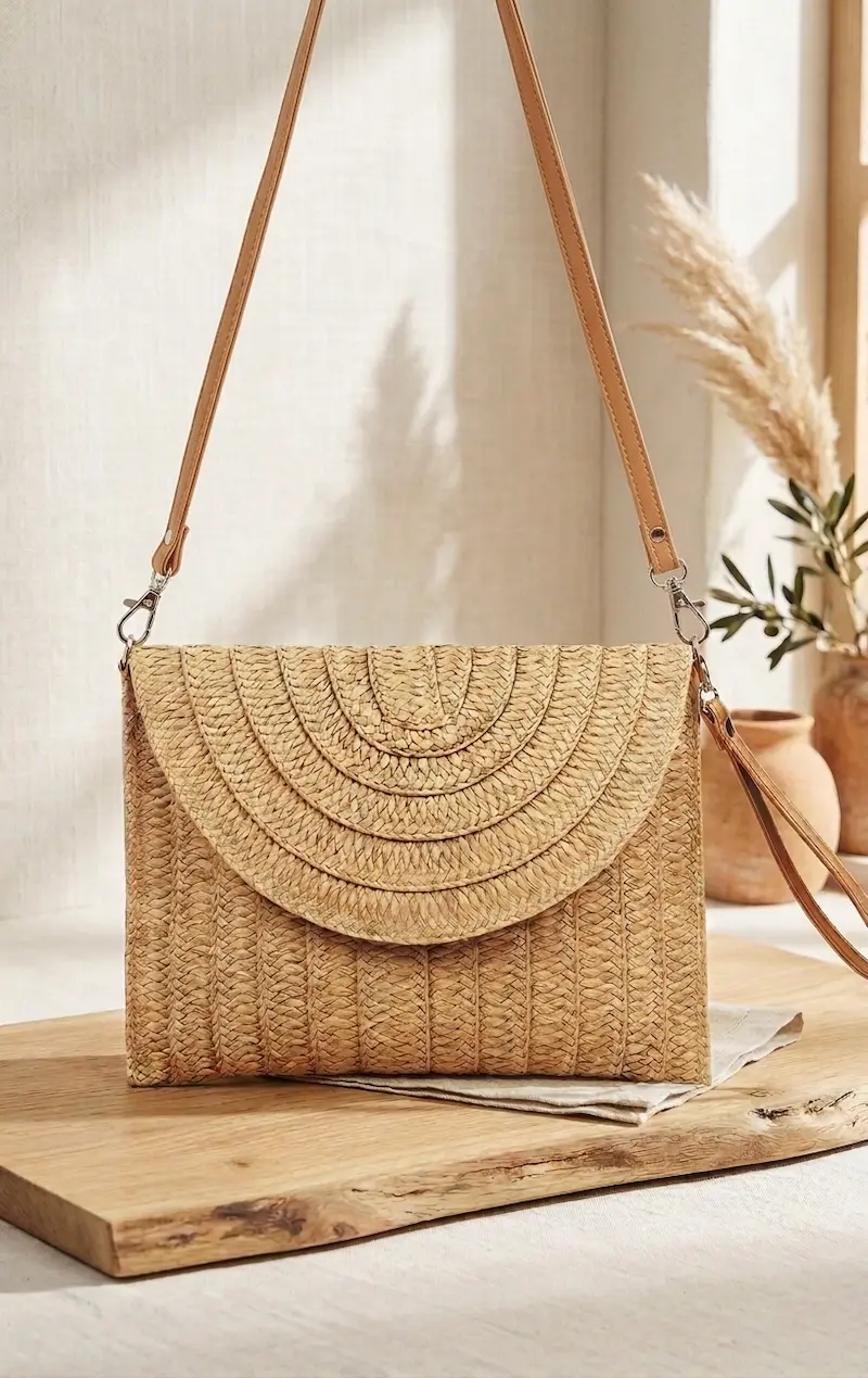 COOKOOKY tan woven straw clutch handbag with fold-over closure and wrist strap